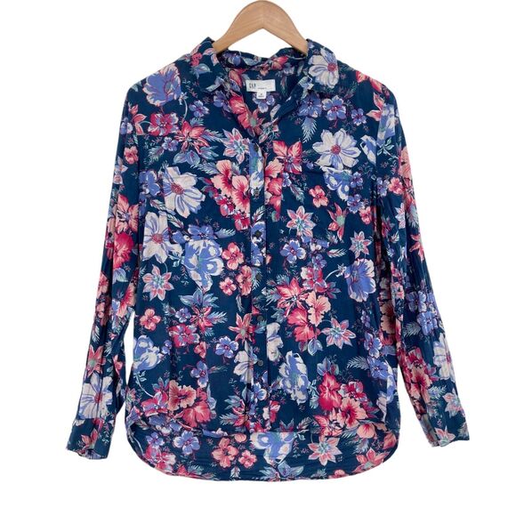 Gap Button Up Shirt Womens Medium Multicolor Floral 100% Cotton Boyfriend Fit - Picture 1 of 16